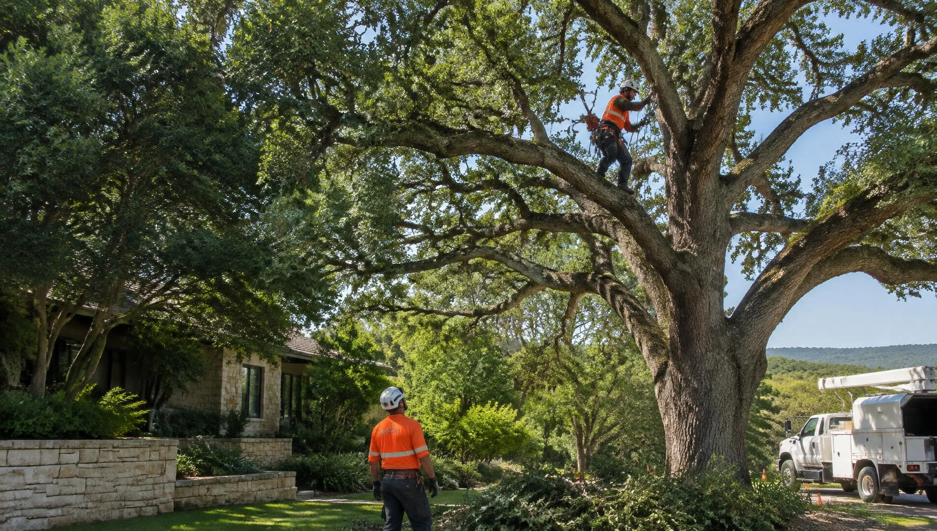 JW Tree & Land Service crew working on a storm-damaged tree in Lakeway, TX